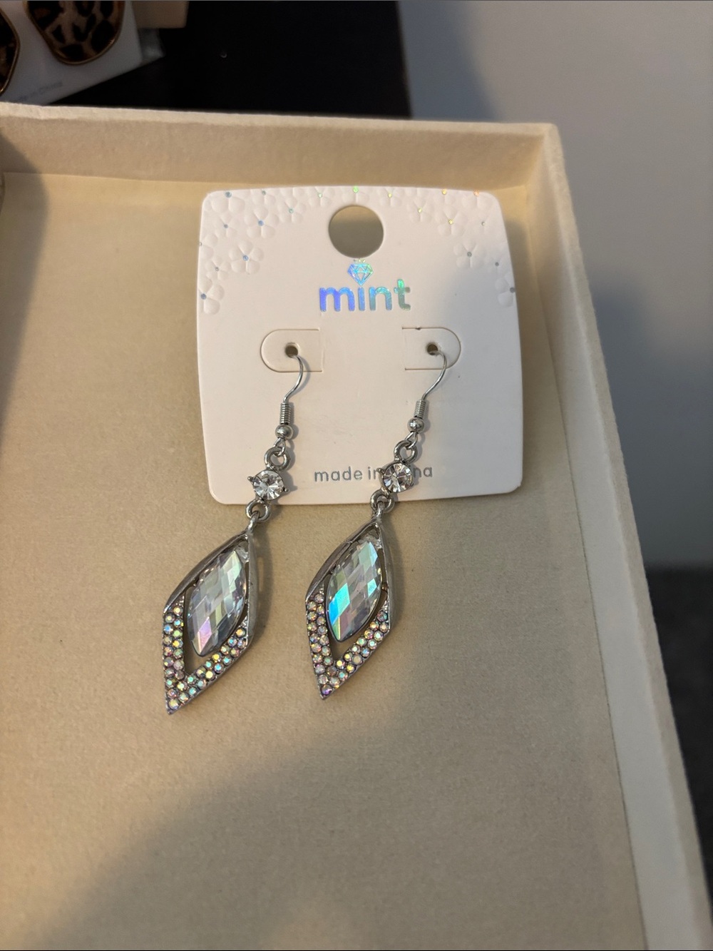Mint Iridescent Marquise Drop Earrings - Silver